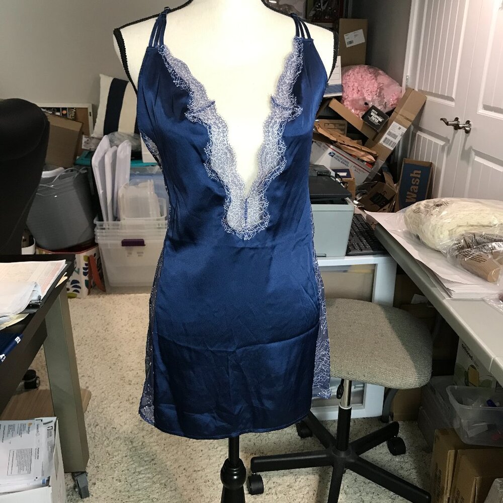 Victoria's Secret Navy Blue Satin Lace-Trim Chemise